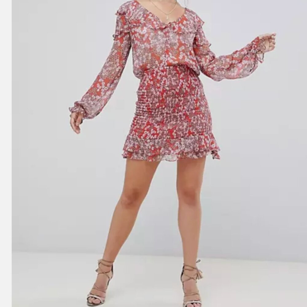 Stevie May Red Floral Long Sleeve Ruffle Dress - Size XS